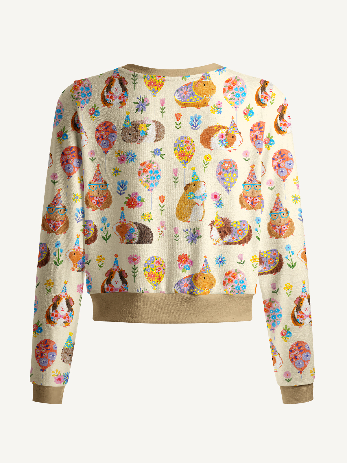 Lightweight Crew Neck Long‑Sleeve Cropped Guinea Pig Garden Party Print Fine‑Knit Cardigan