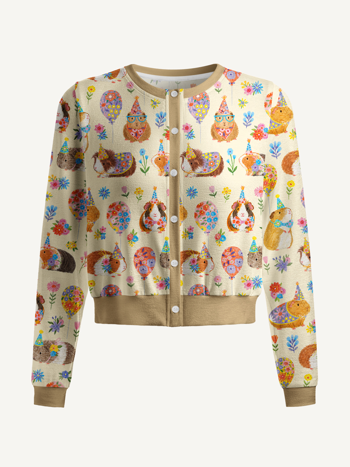 Lightweight Crew Neck Long‑Sleeve Cropped Guinea Pig Garden Party Print Fine‑Knit Cardigan