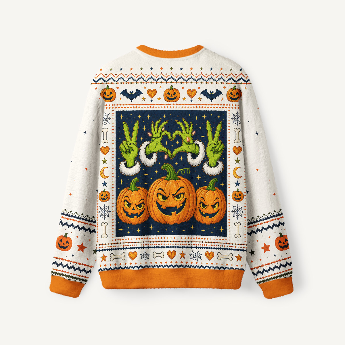Playful Pumpkin Magic Hands Fuzzy Crewneck Sweater