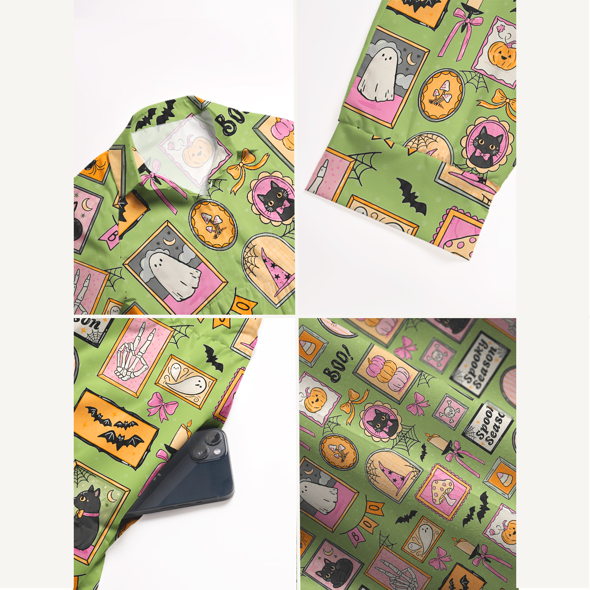 V Neck Spooky Cottage Cats & Halloween Print Casual Midi Dress With Pockets