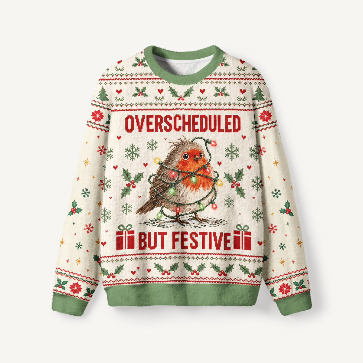 Overscheduled But Festive Christmas Robin Fuzzy Crewneck Sweater