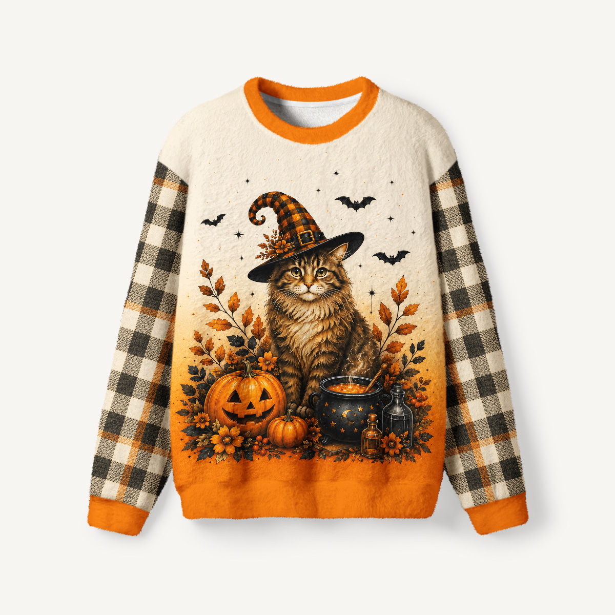 Cozy Plaid Halloween Witch Cat Fuzzy Crewneck Sweater
