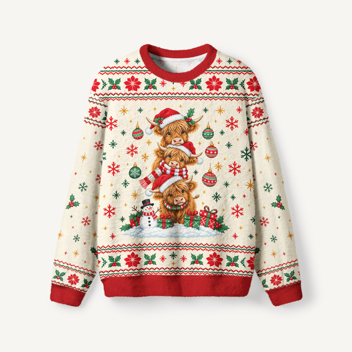 Stacked Highland Cow Christmas Fuzzy Crewneck Sweater