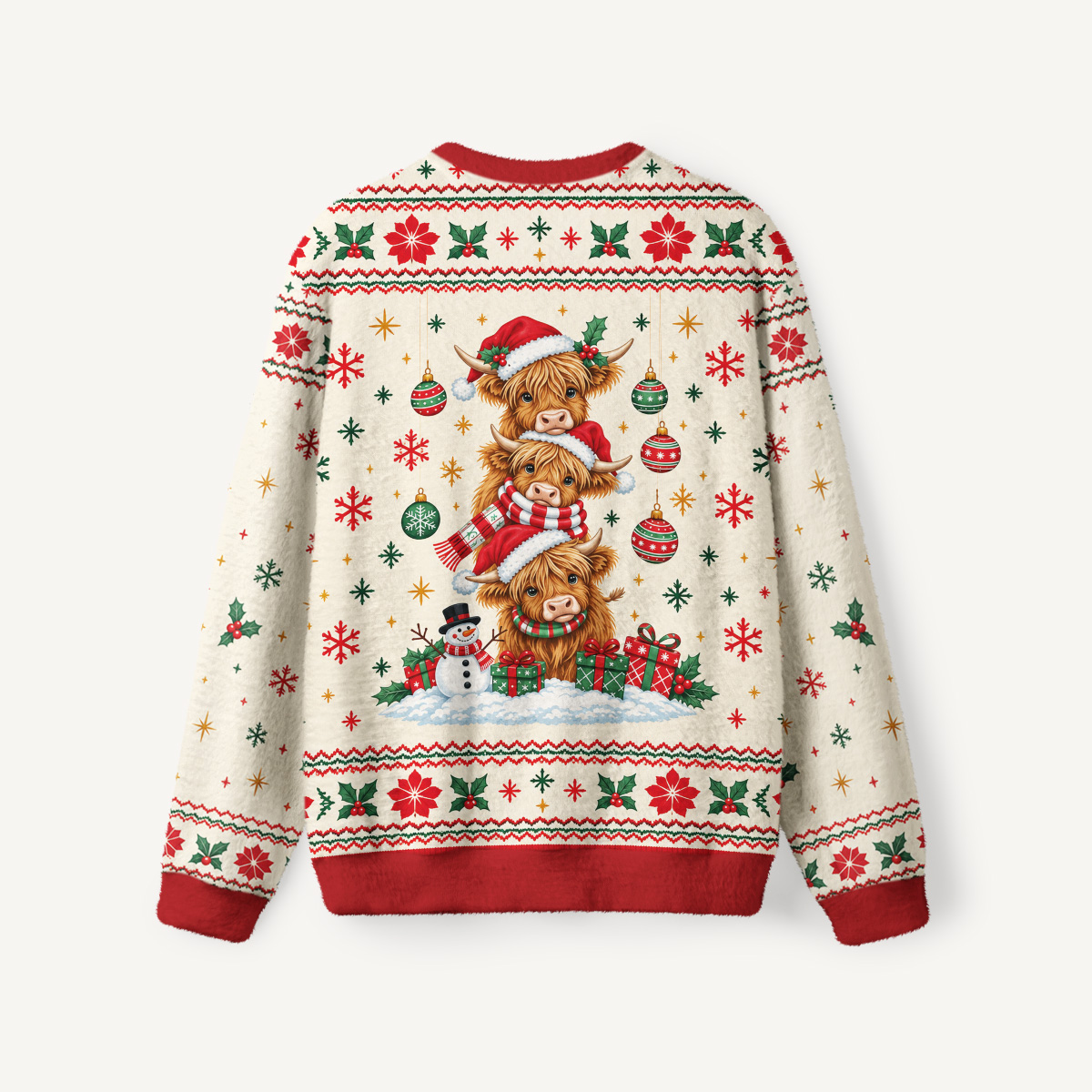 Stacked Highland Cow Christmas Fuzzy Crewneck Sweater