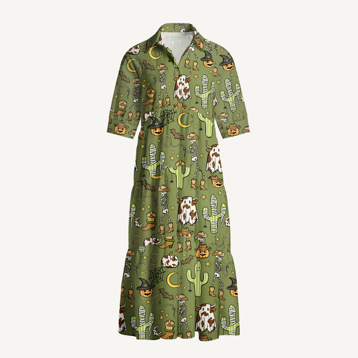 V Neck Western Halloween Skeleton & Cactus Print Casual Midi Dress With Pockets