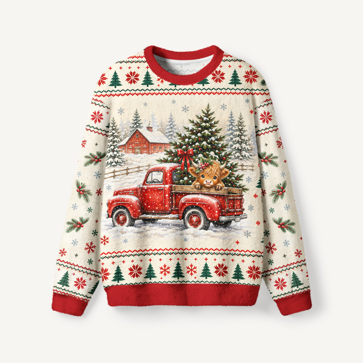 Cozy Christmas Farm Truck Cow Christmas Fuzzy Crewneck Sweater
