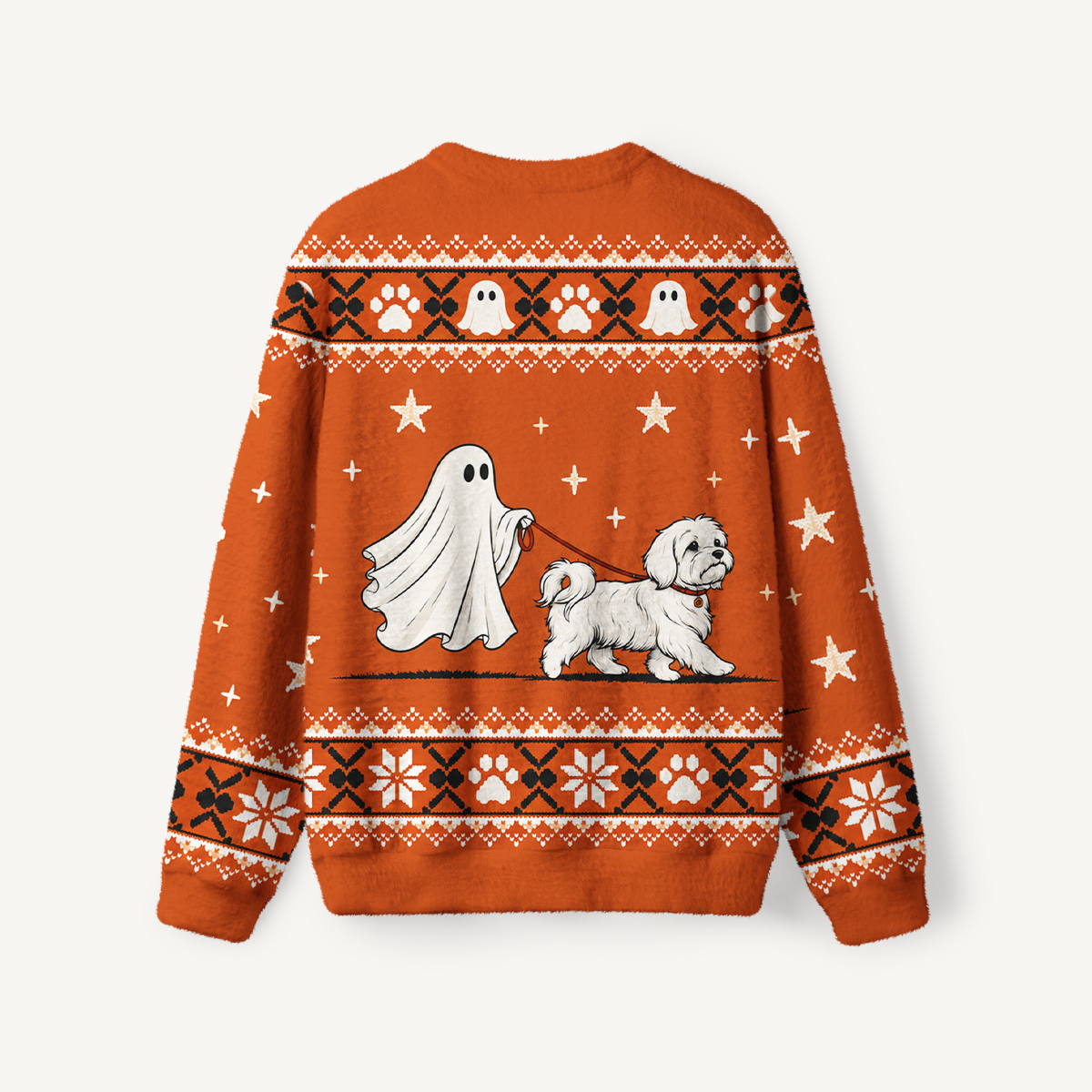 Halloween Ghost Walking Dog Bee Fuzzy Crewneck Sweater