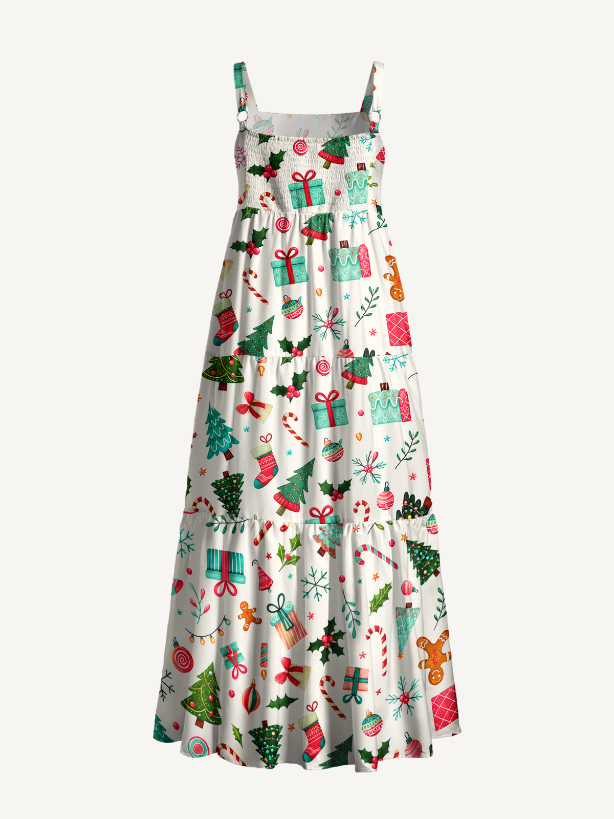 Christmas Gift & Candy Cane Print Wide Straps Maxi Dress With Pockets