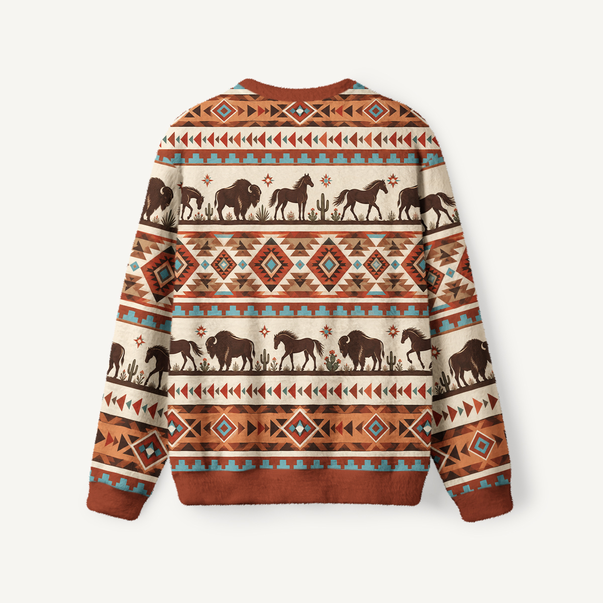 Western Cowboy Horse & Bison Fuzzy Crewneck Sweater