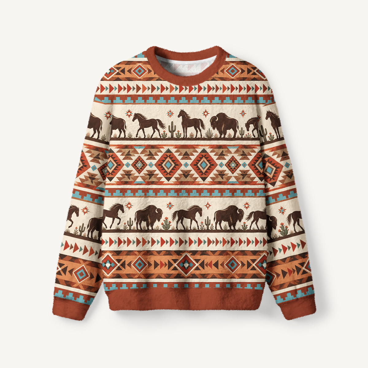 Western Cowboy Horse & Bison Fuzzy Crewneck Sweater
