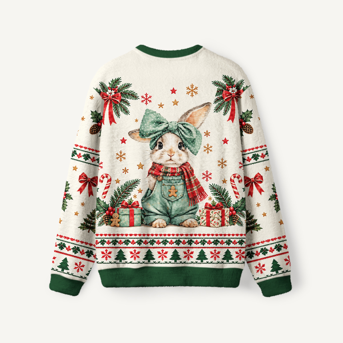 Christmas Bunny & Holly Fuzzy Crewneck Sweater