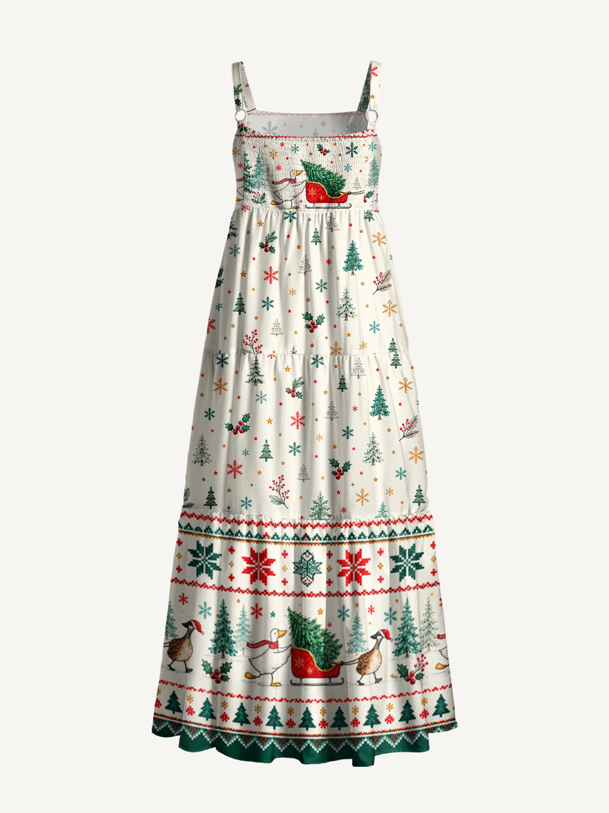 Christmas Duck Sleigh & Pine Tree Print Wide Straps Maxi Dress With Pockets