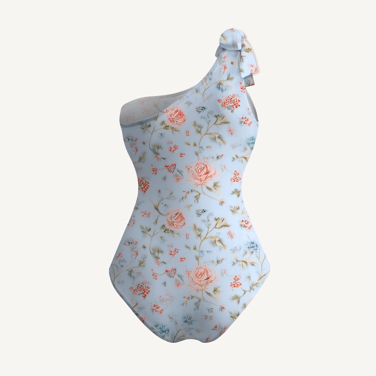 Blue Rose Floral One Shoulder One Piece Swimsuit and Matching Sarong Set for Women