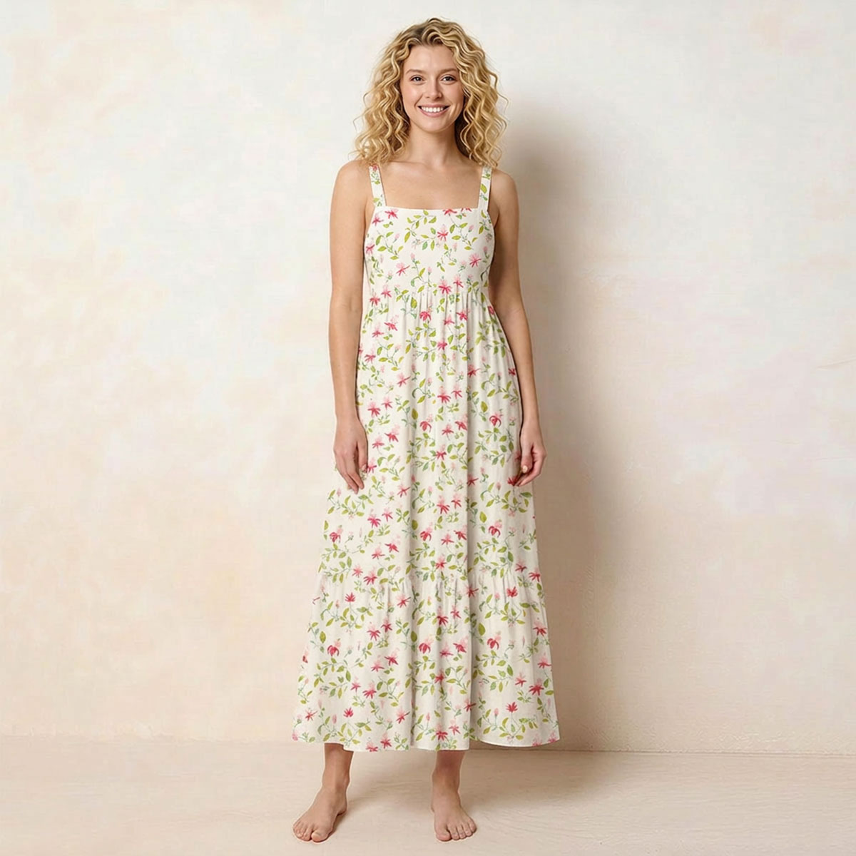 Square Neck Ruby Vine Print Slip Dress