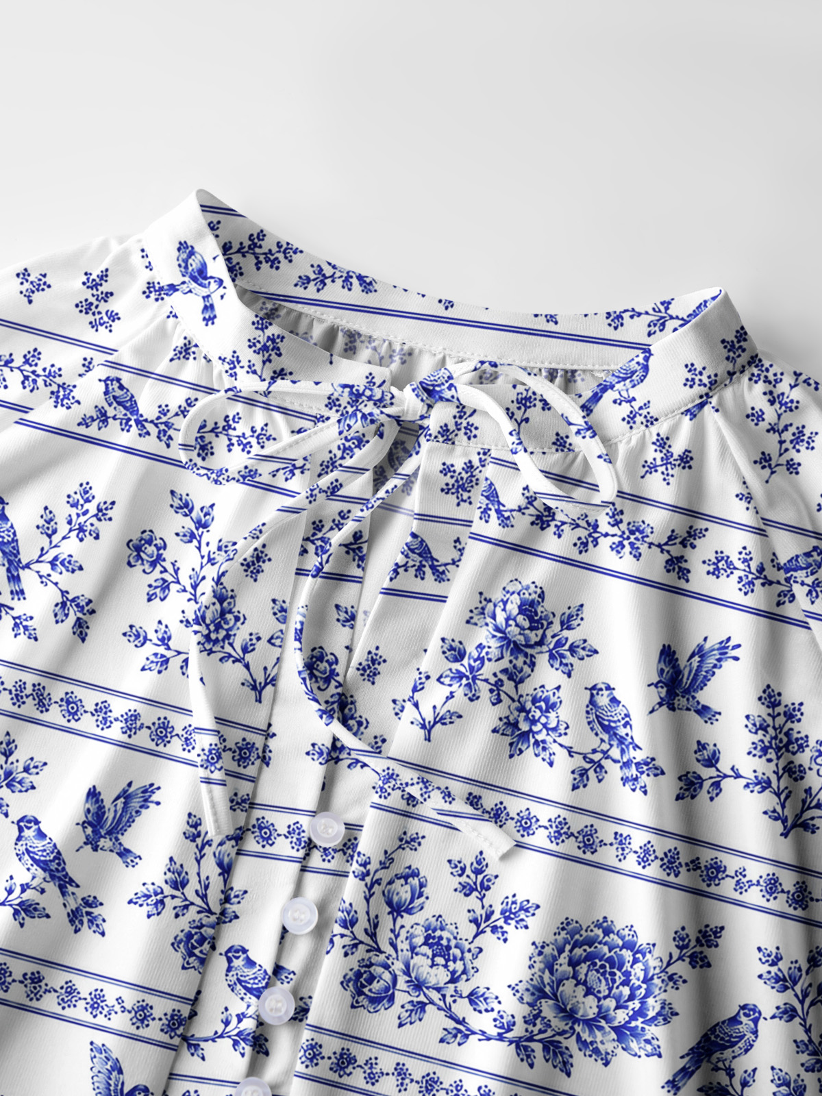 Bluebird Blossom Toile Print Boho Long Sleeve Tie‑Neck Blouse
