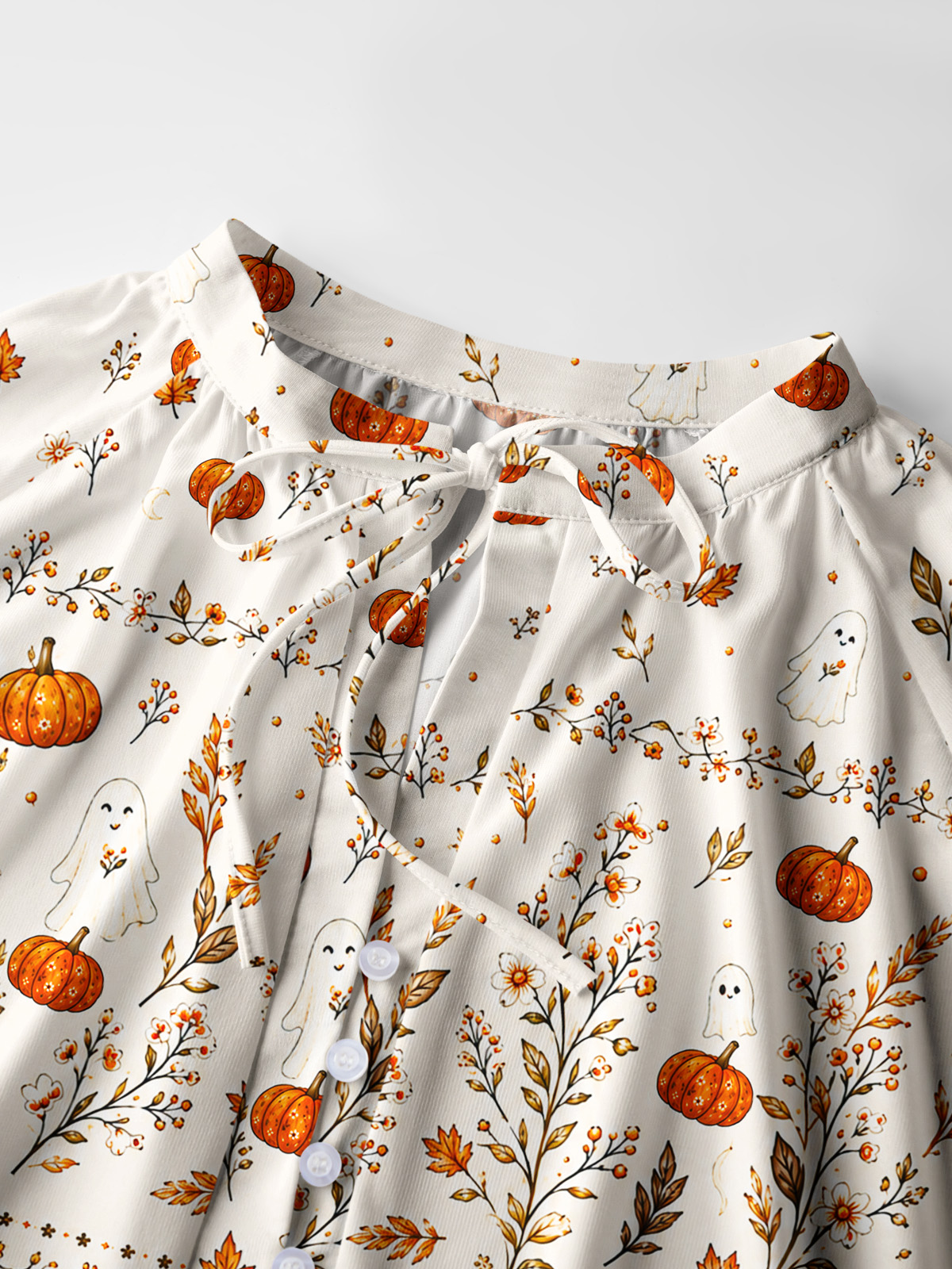 Pumpkin Ghost Cottage Print Boho Long Sleeve Tie‑Neck Blouse
