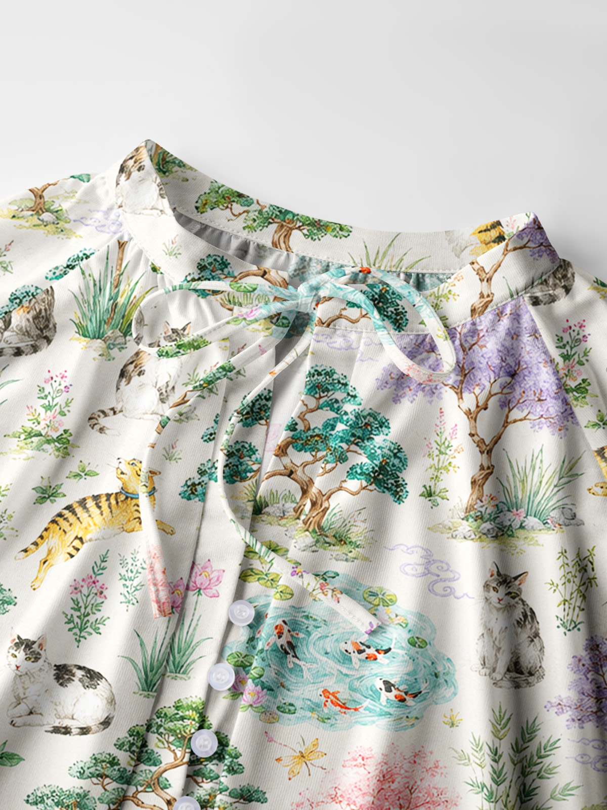 Cats in a Tranquil Garden Pond Scene Print Boho Long Sleeve Tie‑Neck Blouse