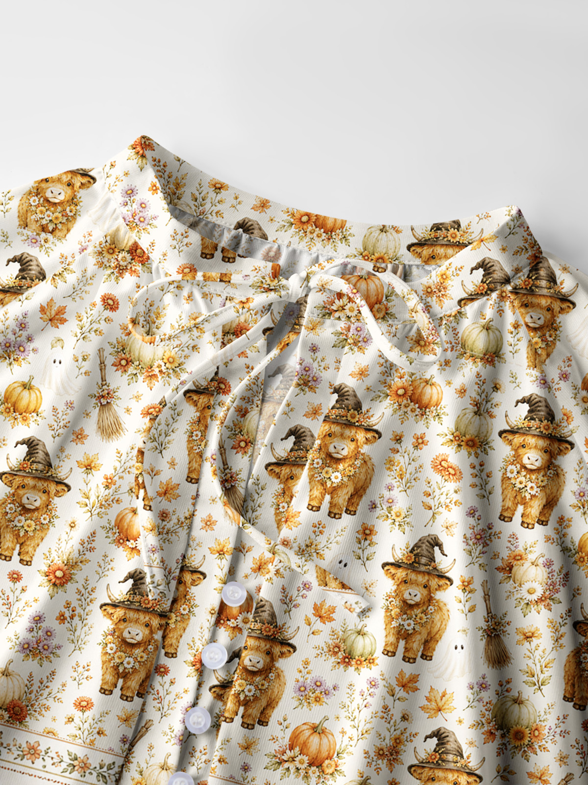 Autumn Pumpkin Patch Highland Cow Print Boho Long Sleeve Tie‑Neck Blouse