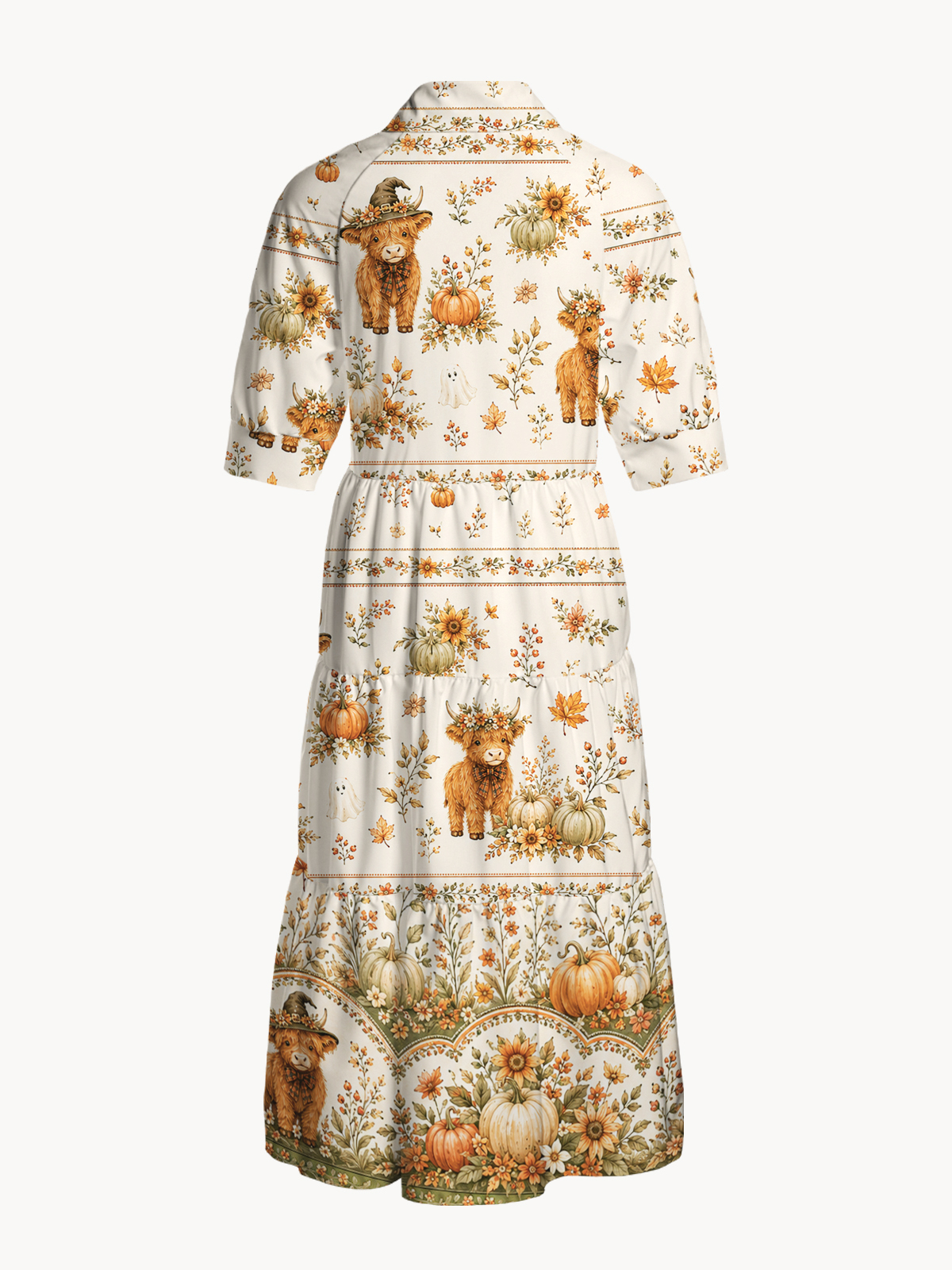V Neck Collared Autumn Pumpkin Patch Highland Cow Print Casual Midi Dress With Pockets