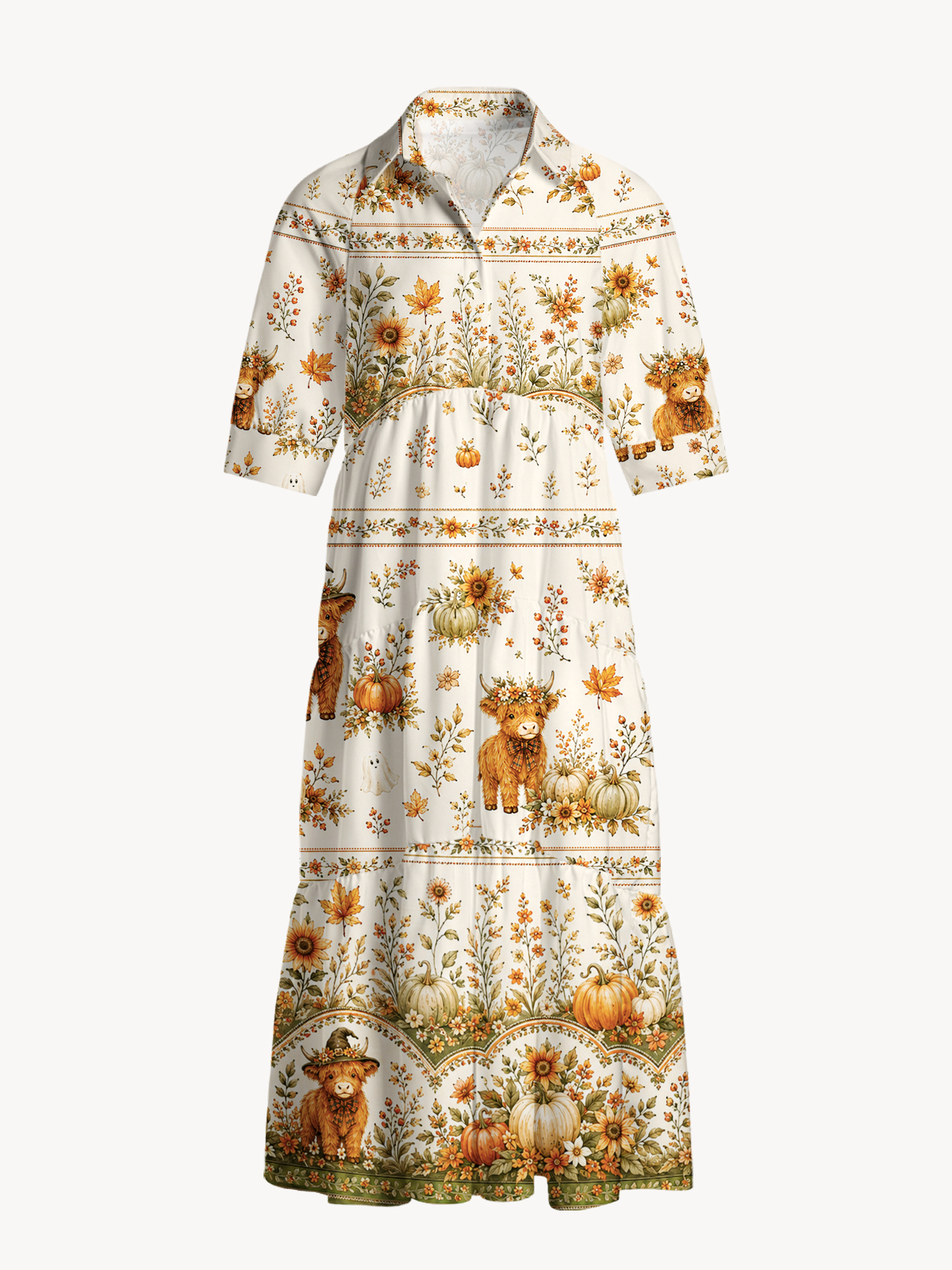 V Neck Collared Autumn Pumpkin Patch Highland Cow Print Casual Midi Dress With Pockets