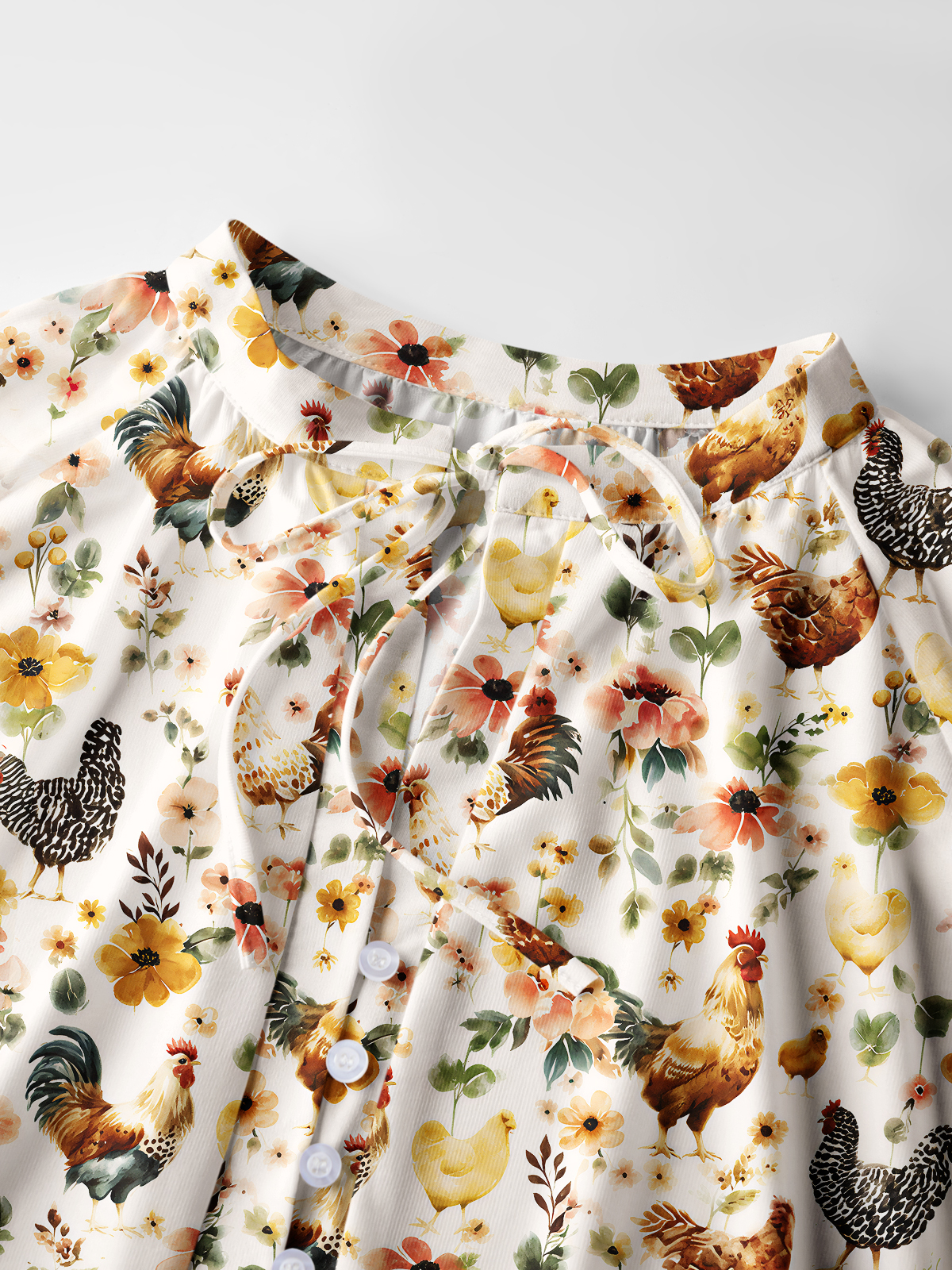 Watercolor Chicken Floral Print Boho Long Sleeve Tie‑Neck Blouse
