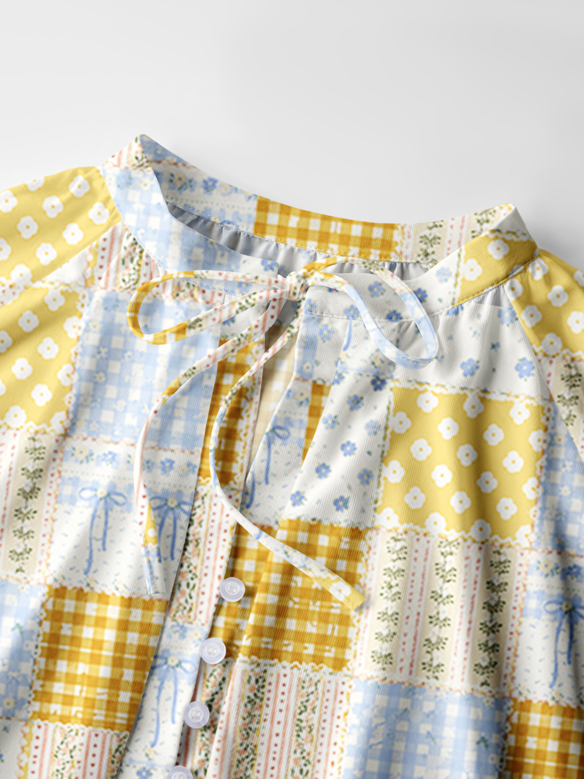 Pastel Floral Patchwork Quilt Pattern Print Boho Long Sleeve Tie‑Neck Blouse
