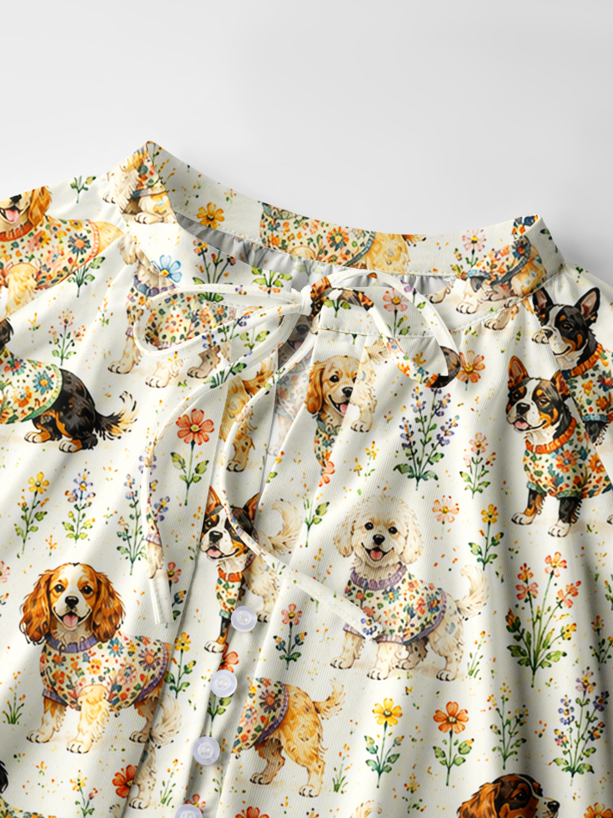 Cute Dog Garden Print Boho Long Sleeve Tie‑Neck Blouse