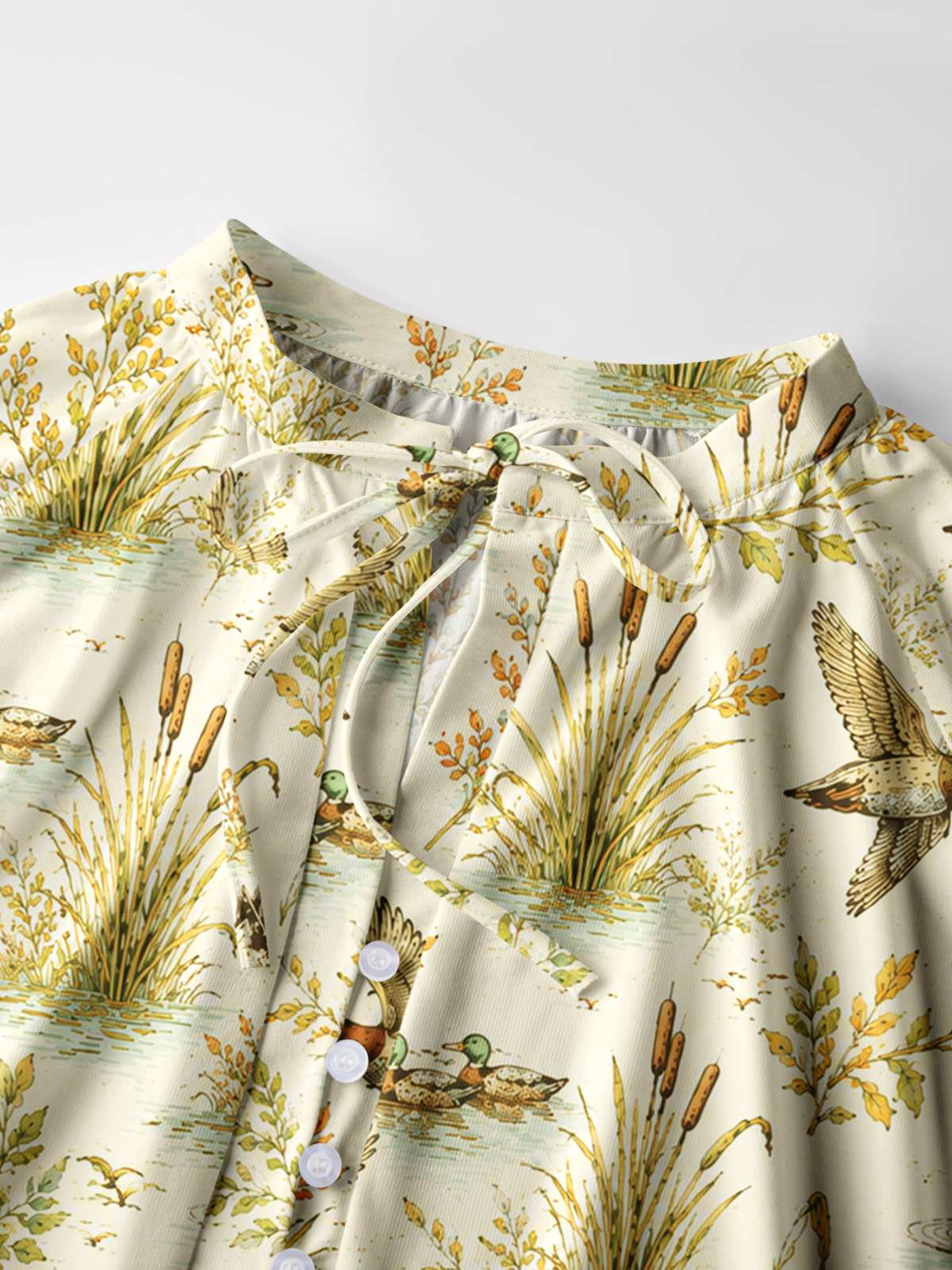 Duck Hunting Marsh Print Boho Long Sleeve Tie‑Neck Blouse
