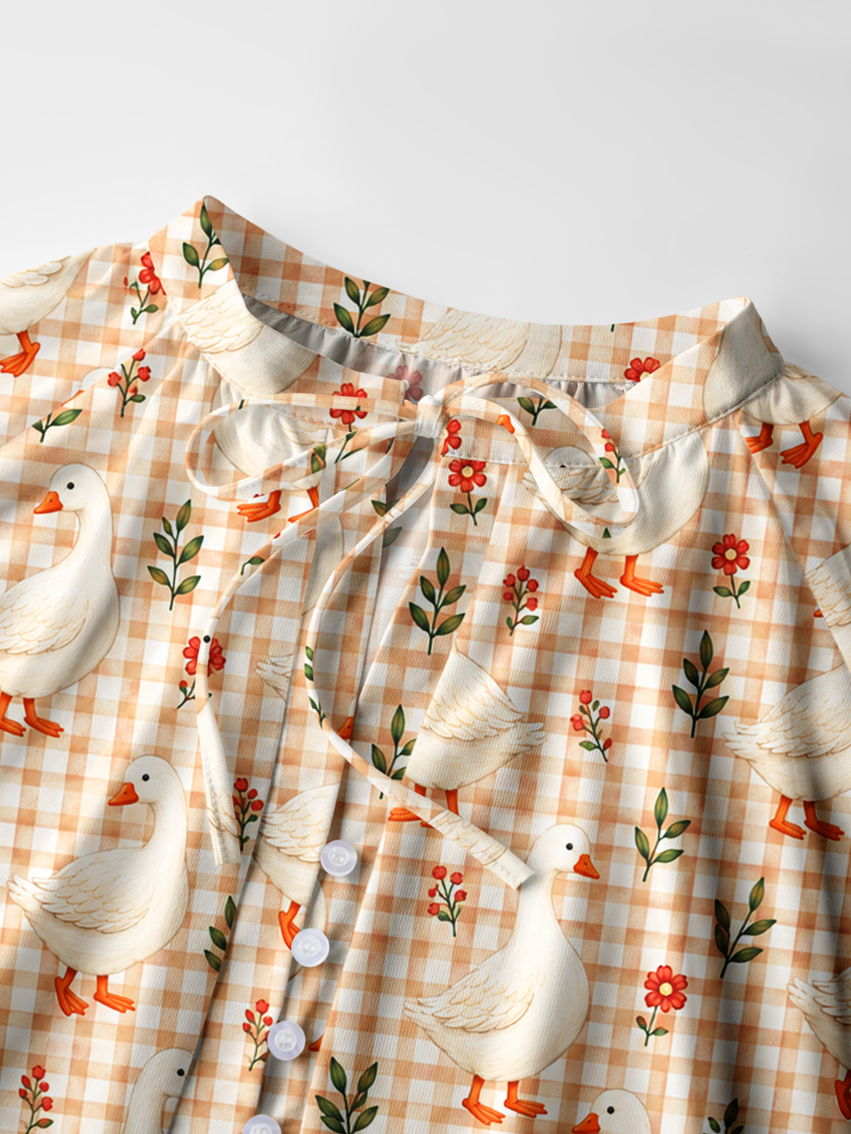 Country Gingham Garden GeesePrint Boho Long Sleeve Tie‑Neck Blouse