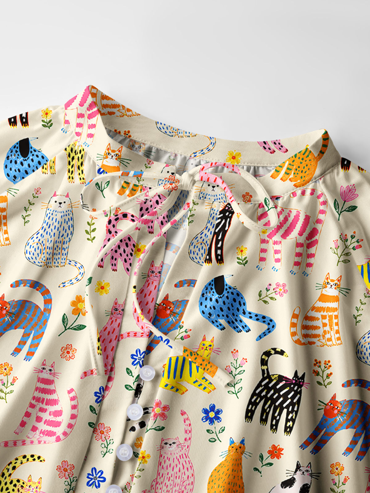 Colorful Whimsical Garden Cats Pattern Print Boho Long Sleeve Tie‑Neck Blouse