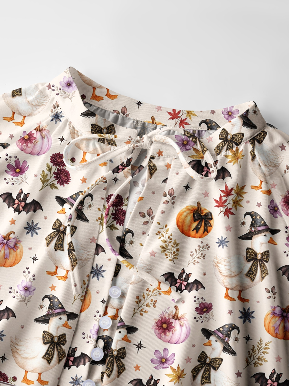 Rustic Halloween Goose Print Boho Long Sleeve Tie‑Neck Blouse