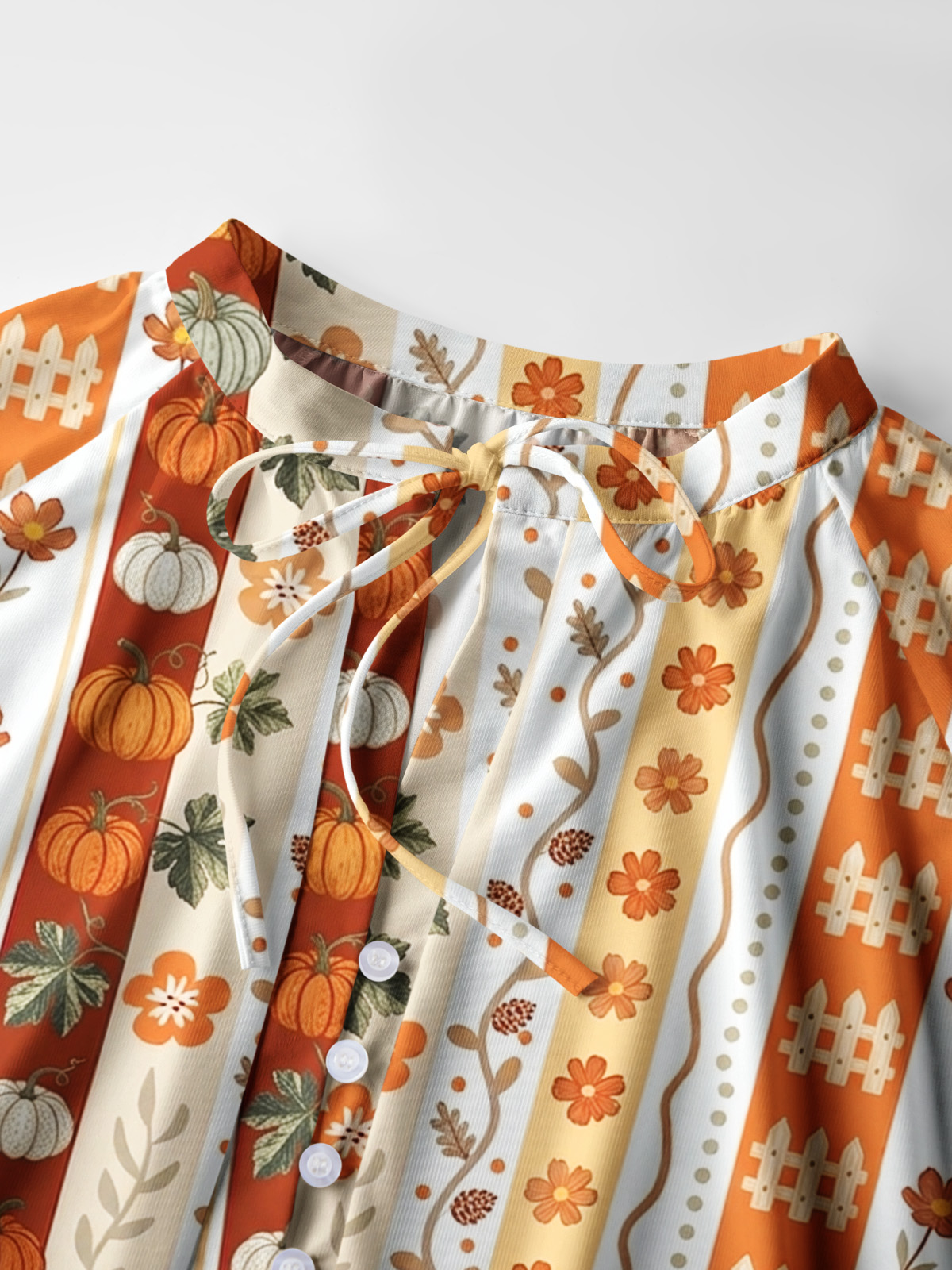 Autumn Pumpkin Patch Stripe Print Boho Long Sleeve Tie‑Neck Blouse