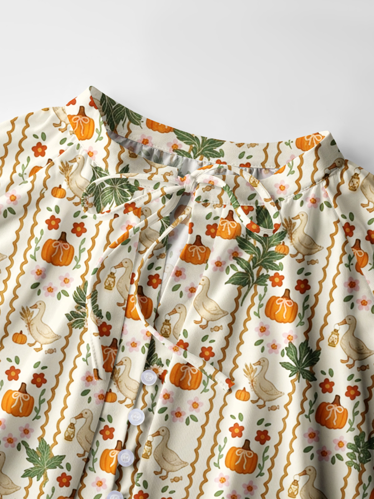 Harvest Goose & Pumpkin Print Boho Long Sleeve Tie‑Neck Blouse