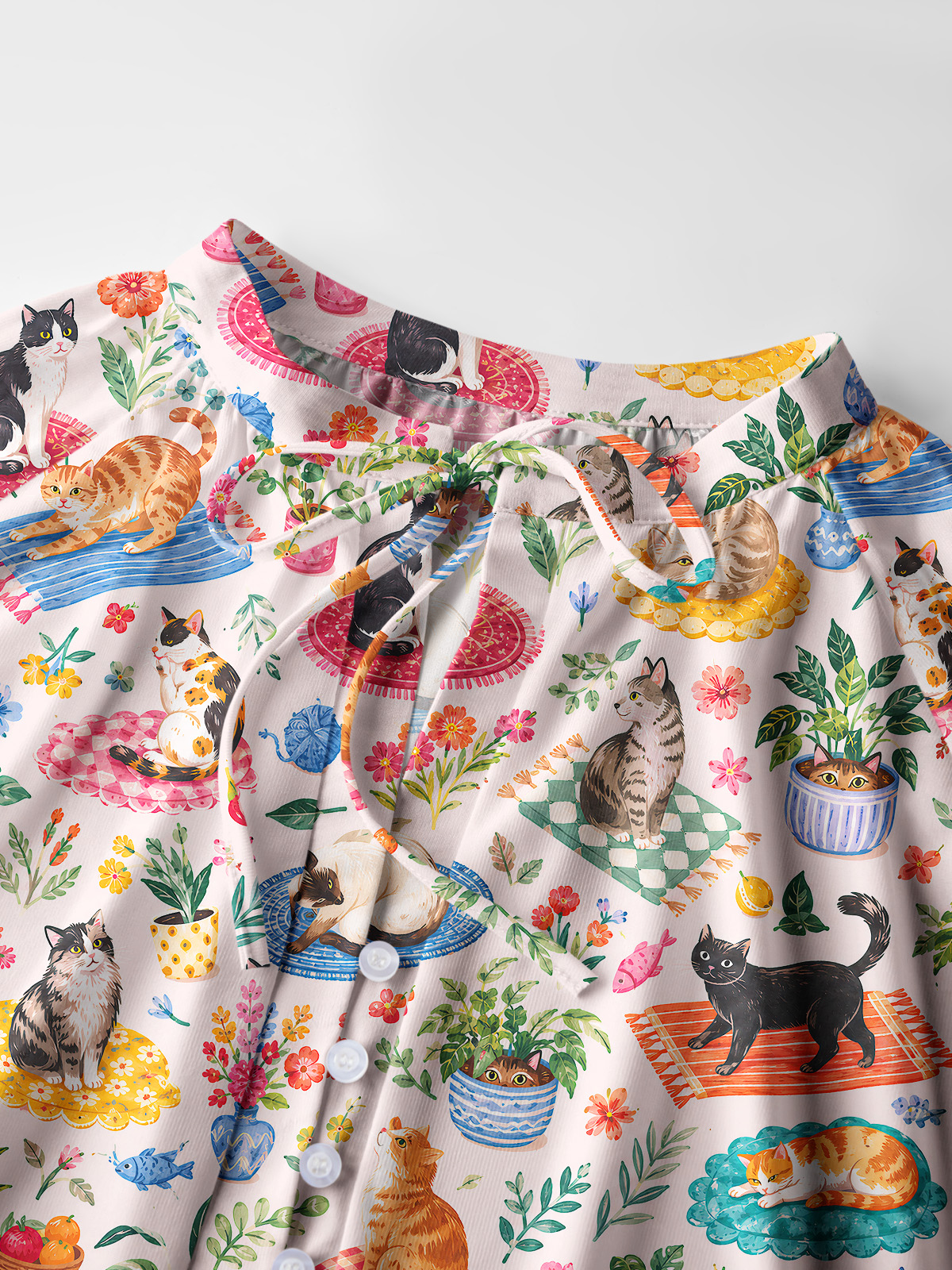 Cozy Garden Cats on Colorful Rugs Print Boho Long Sleeve Tie‑Neck Blouse
