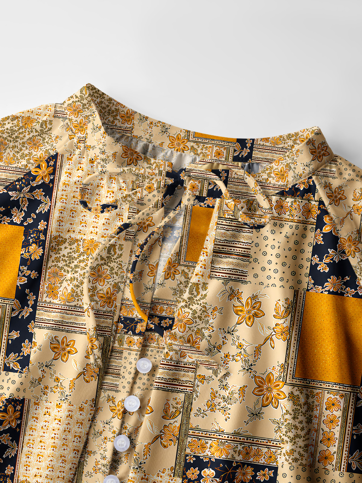 Vintage Mustard and Navy Floral Patchwork Print Boho Long Sleeve Tie‑Neck Blouse