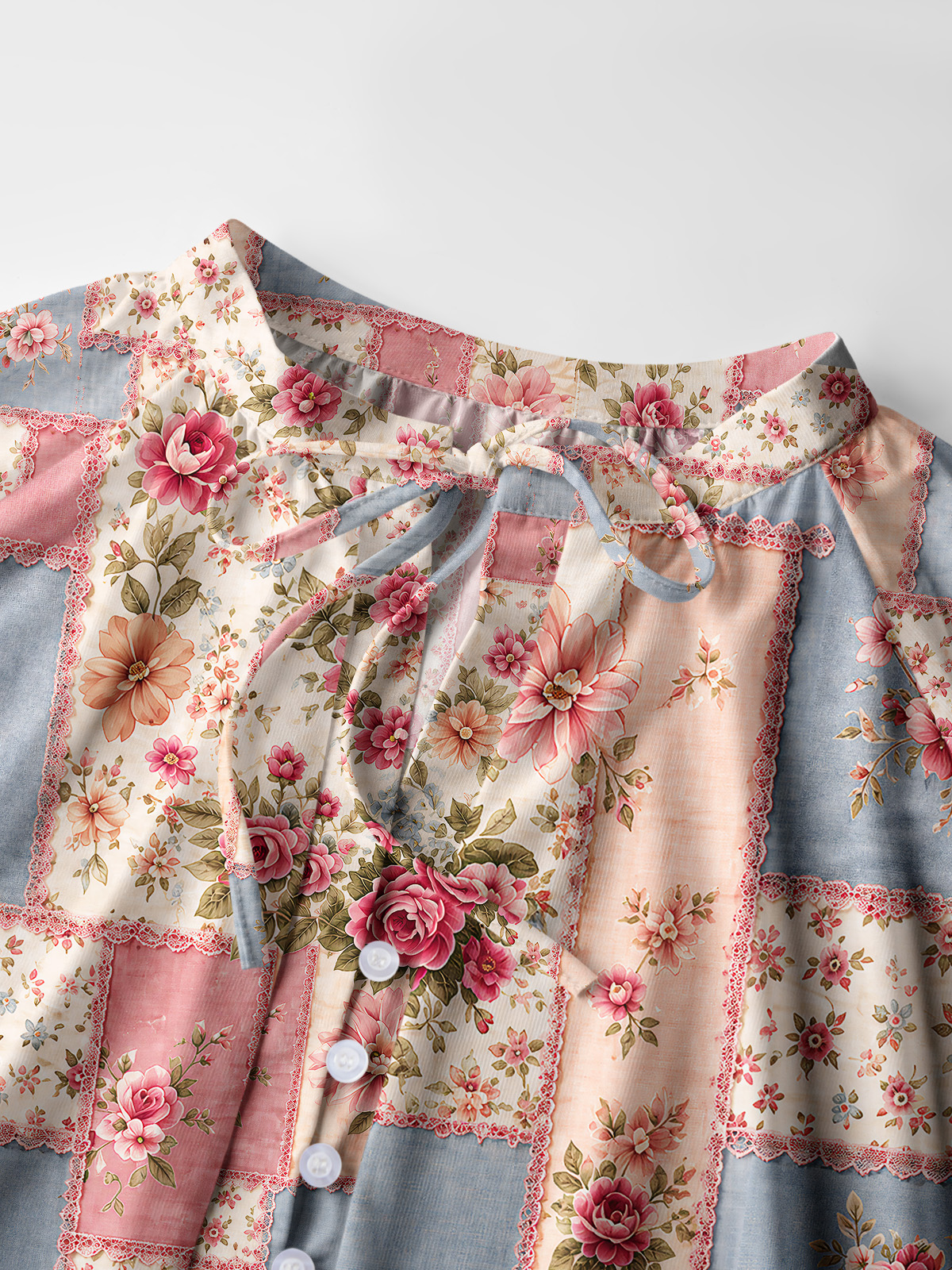 Vintage Pink and Blue Floral Patchwork Print Boho Long Sleeve Tie‑Neck Blouse