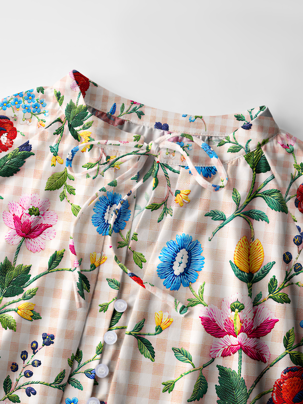 Embroidered Meadow Gingham Print Boho Long Sleeve Tie‑Neck Blouse
