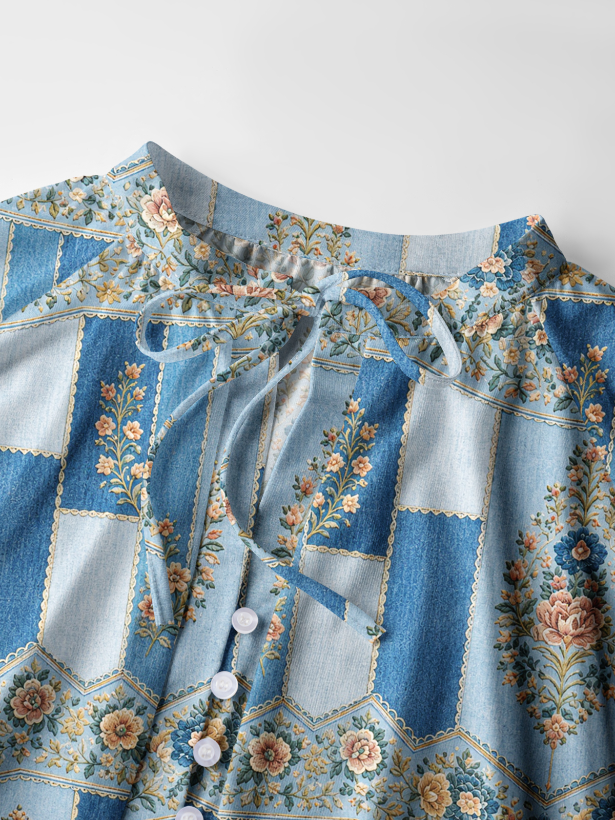 Vintage Blue Tapestry Floral Stripe Print Boho Long Sleeve Tie‑Neck Blouse