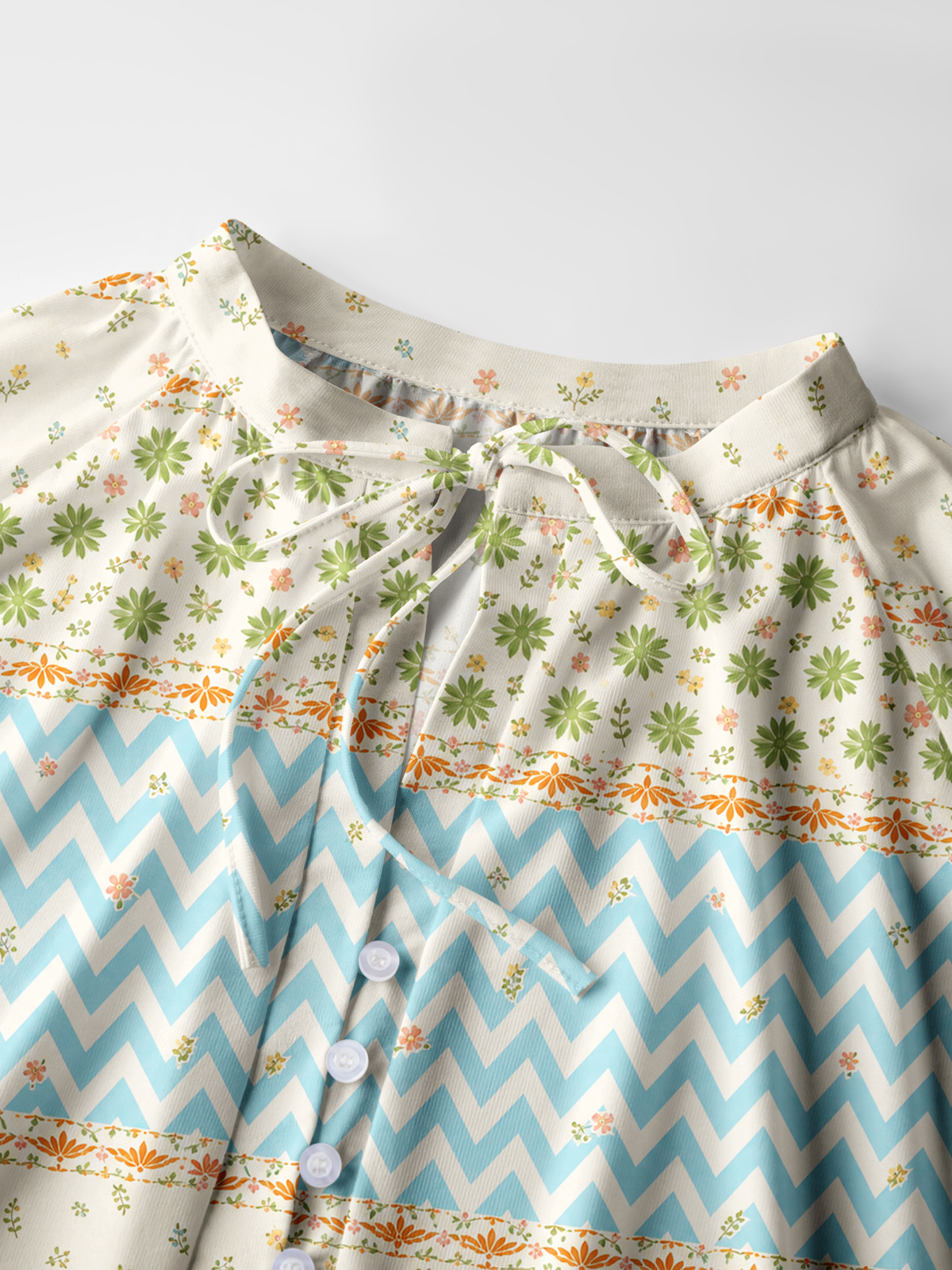 Pastel Chevron and Ditsy Floral Stripe Print Boho Long Sleeve Tie‑Neck Blouse