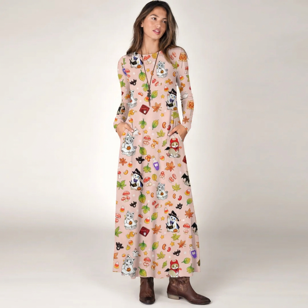 Autumn Forest Critter Halloween Print Soft-Touch Stretch Knit Long Sleeve Maxi Dress with Pockets