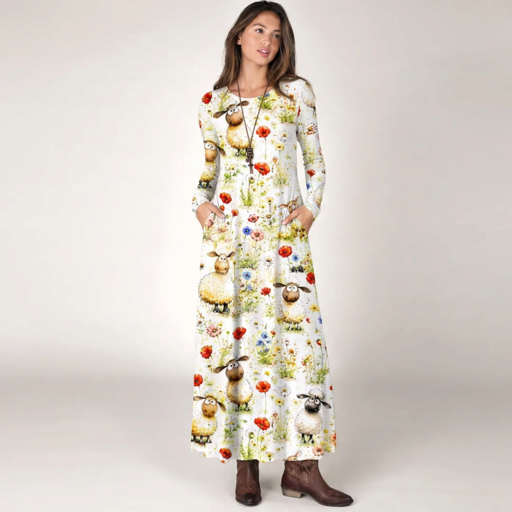 Whimsical Sheep Clipart Print Soft-Touch Stretch Knit Long Sleeve Maxi Dress with Pockets