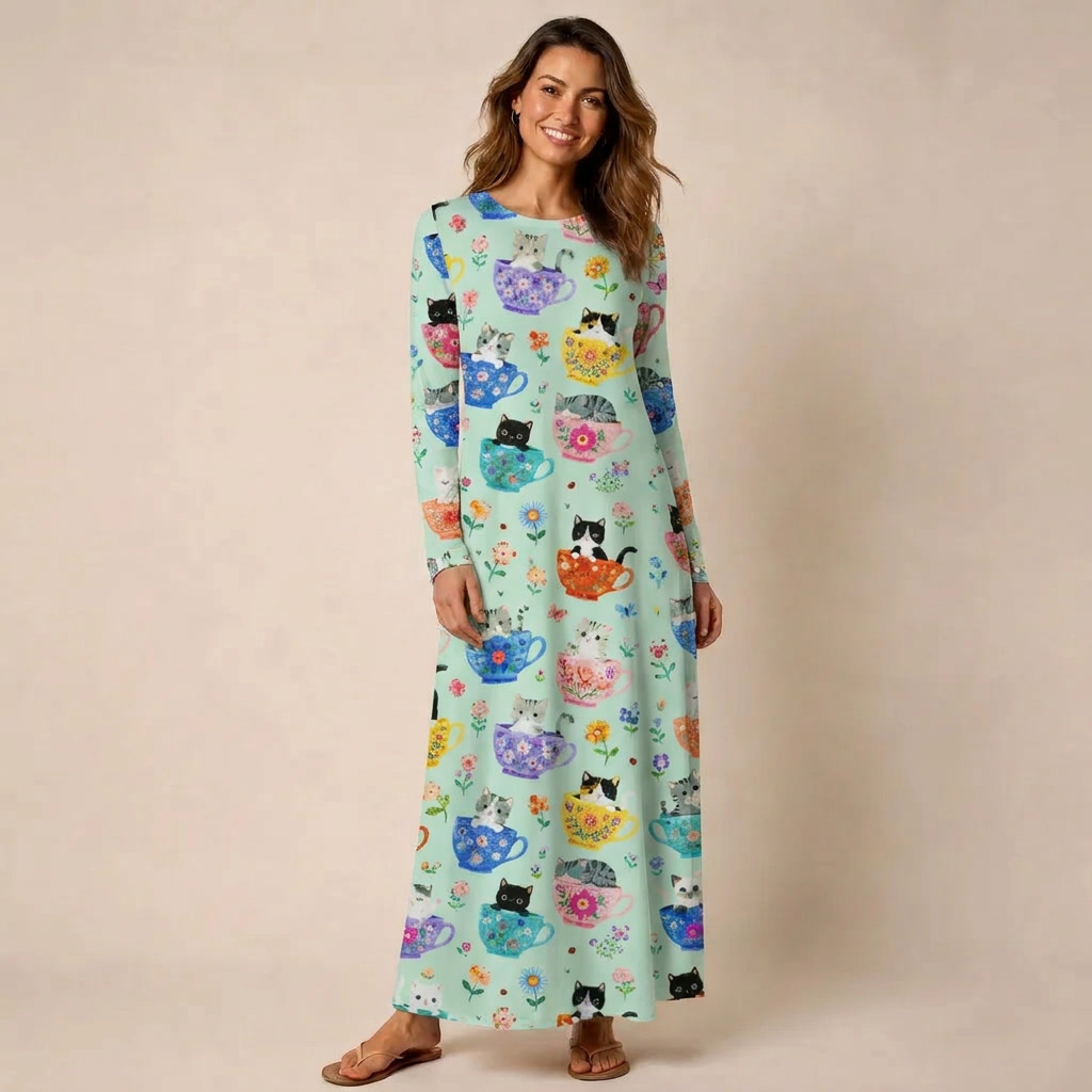 Cute Teacup Kitten Print Soft-Touch Stretch Knit Long Sleeve Maxi Dress with Pockets