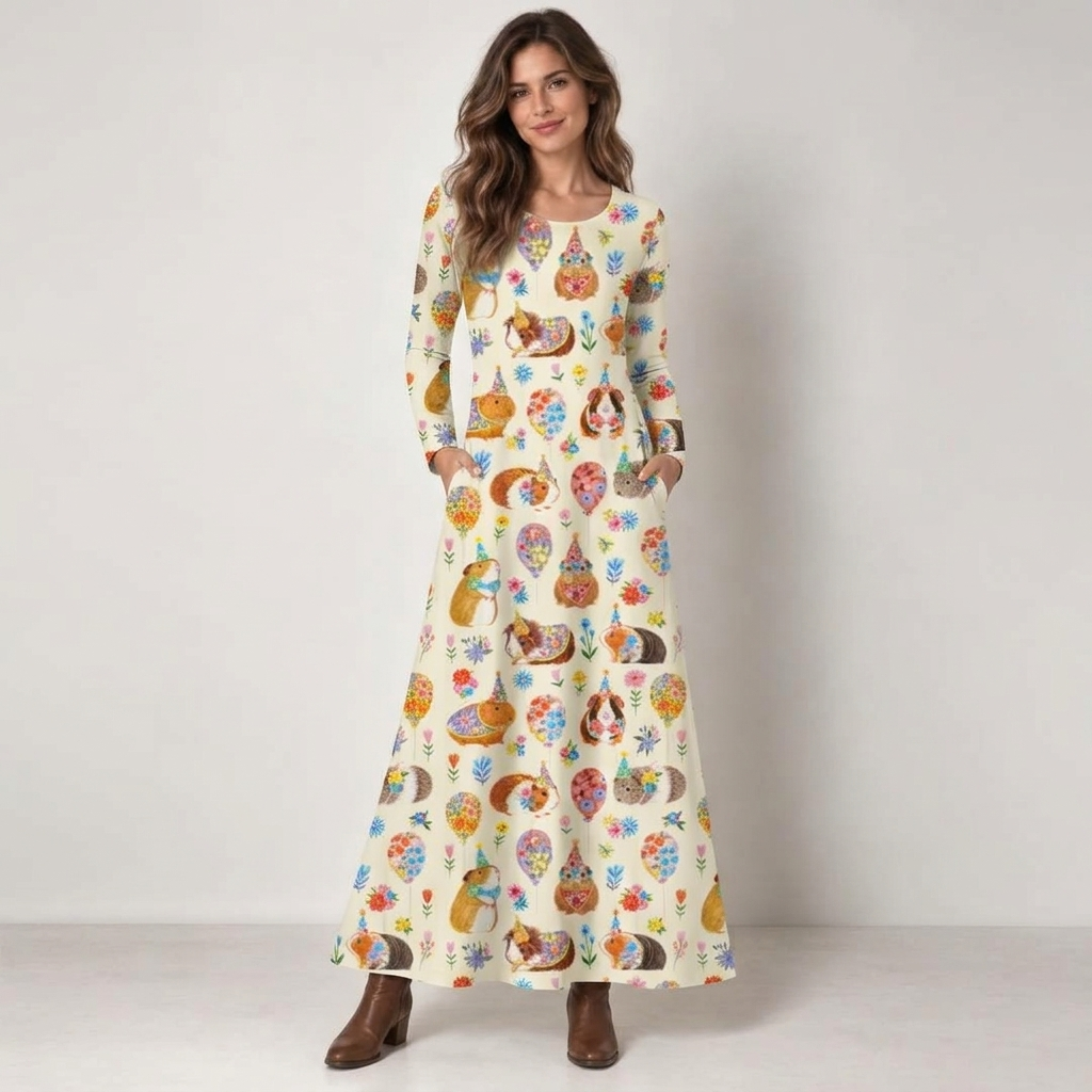 Guinea Pig Garden Party Print Soft-Touch Stretch Knit Long Sleeve Maxi Dress with Pockets