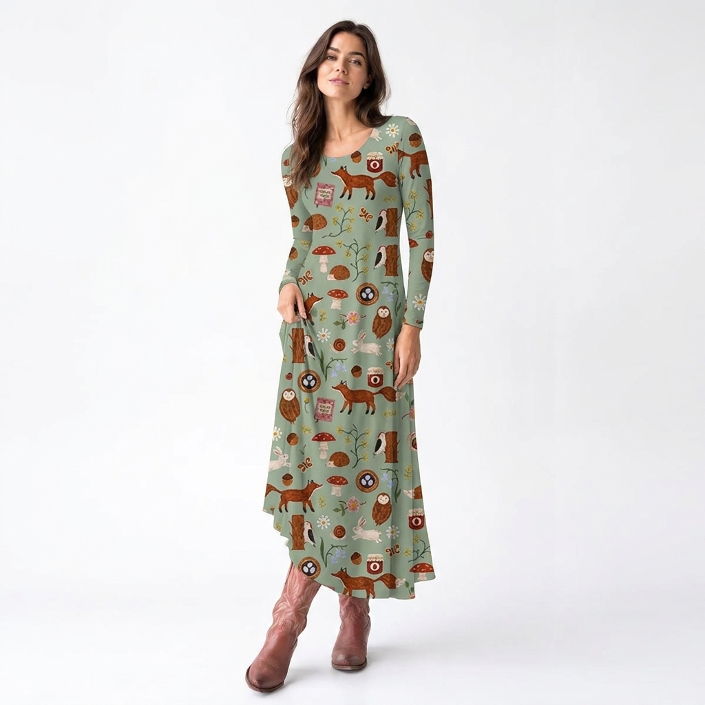 Woodland Nature Notes Print Soft-Touch Stretch Knit Long Sleeve Maxi Dress with Pockets