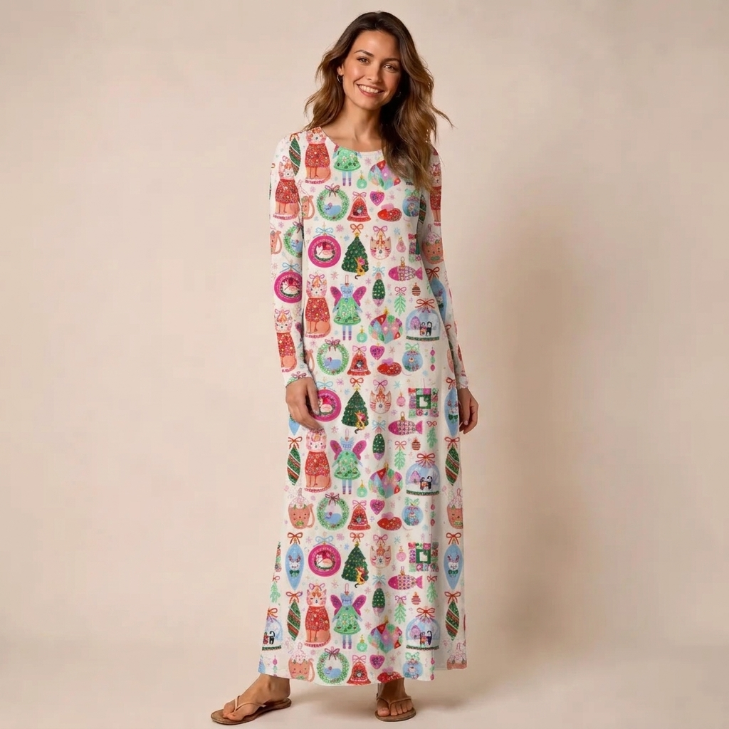 Christmas Cat Ornament Print Soft-Touch Stretch Knit Long Sleeve Maxi Dress with Pockets