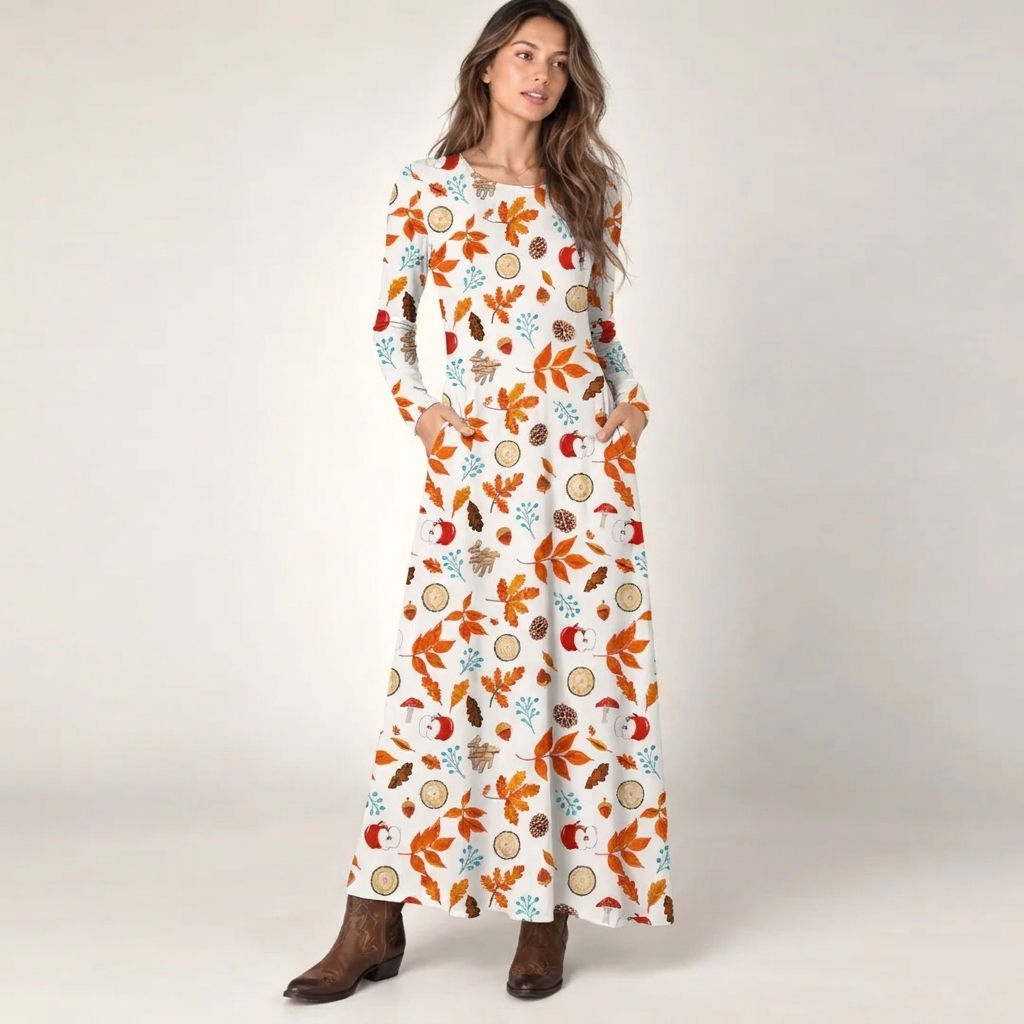 Acorn & Apple Autumn Woods Print Soft-Touch Stretch Knit Long Sleeve Maxi Dress with Pockets