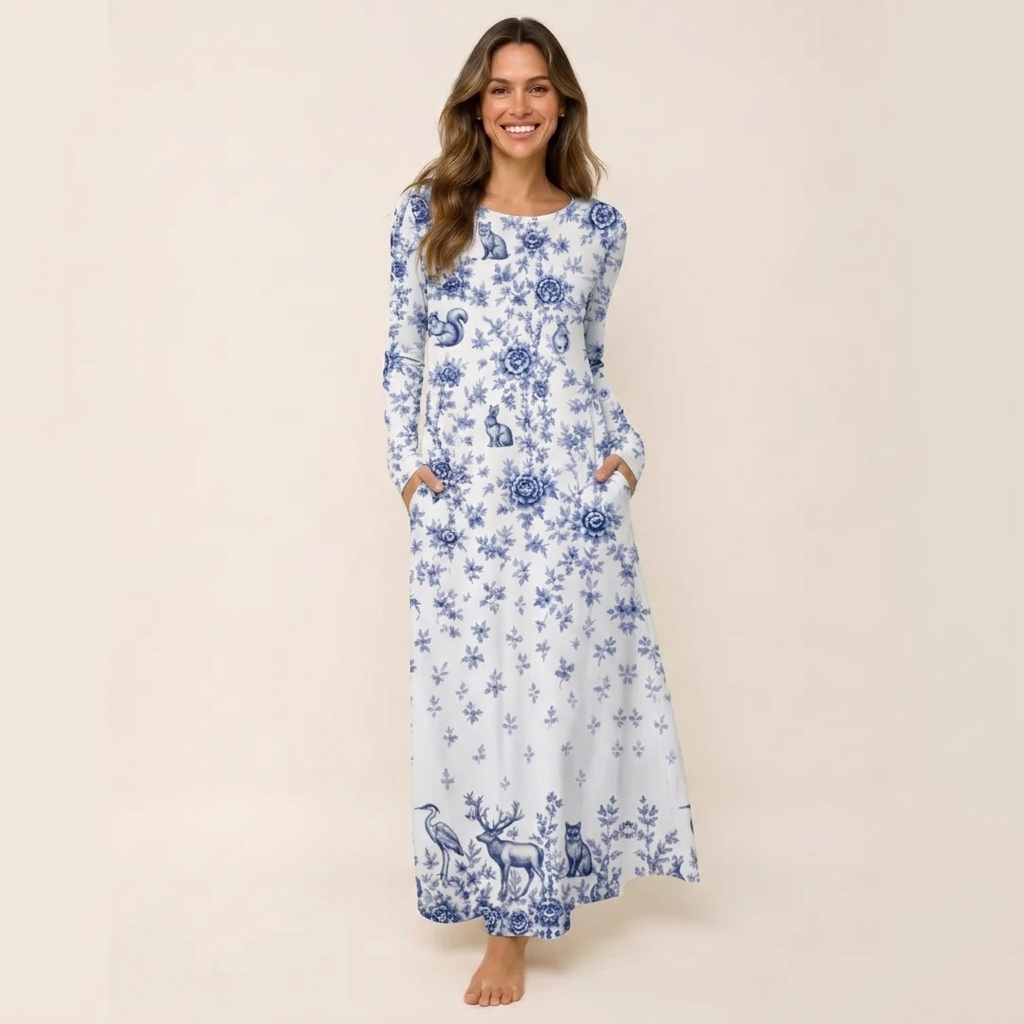 Delft Blue Woodland Story Print Soft-Touch Stretch Knit Long Sleeve Maxi Dress with Pockets