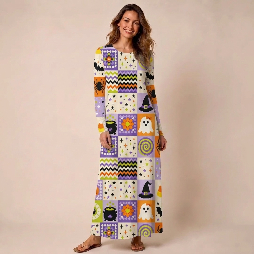 Pixel Halloween Patchwork Print Soft-Touch Stretch Knit Long Sleeve Maxi Dress with Pockets