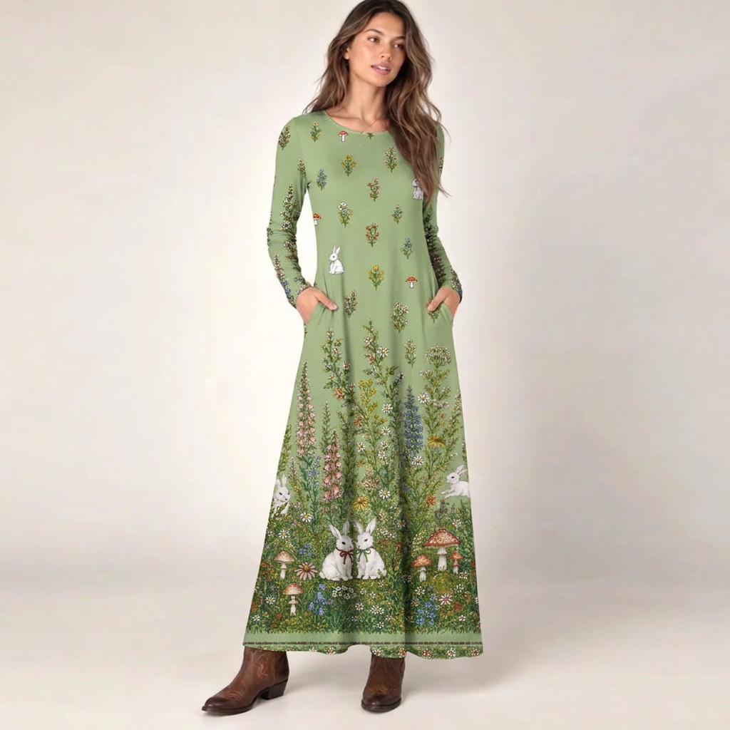 Bunny Meadow Garden Print Soft-Touch Stretch Knit Long Sleeve Maxi Dress with Pockets