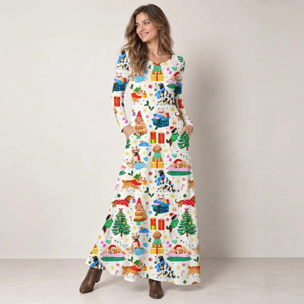 Christmas Dogs & Gifts Print Soft-Touch Stretch Knit Long Sleeve Maxi Dress with Pockets